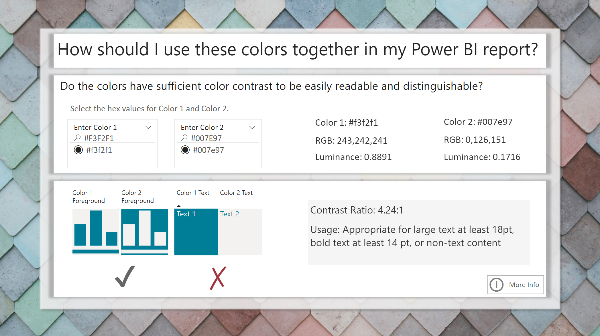 A power bi report that calculates contrast ratio between two colors
